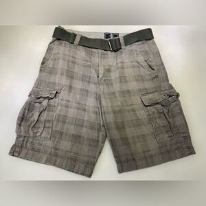 Cargo Shorts Grey Printed Plaid-like Design distressed look casual Shorts Sz 32